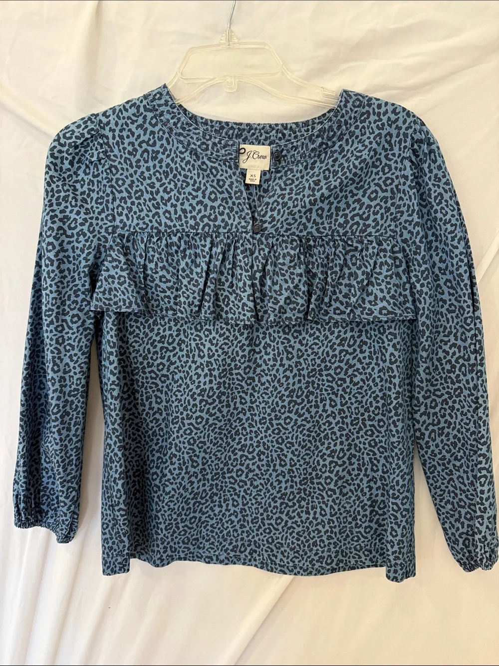 JCrew blue cheetah leopard print long sleeve length ruffle blouse womens Xs